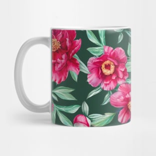 Pattern with bright peonies on green Mug